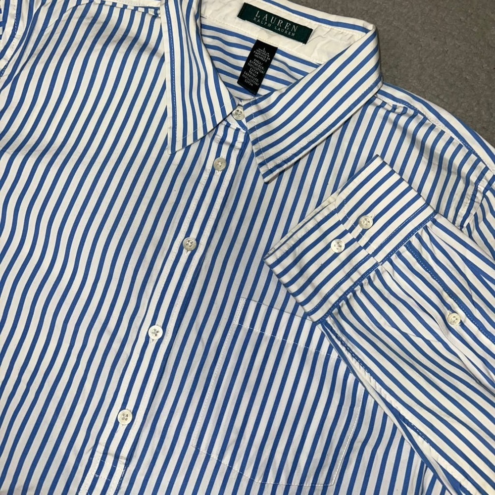 Lauren Ralph Lauren Shirt Women Sz L Blue Striped Roll Tab Sleeve Popover Blouse